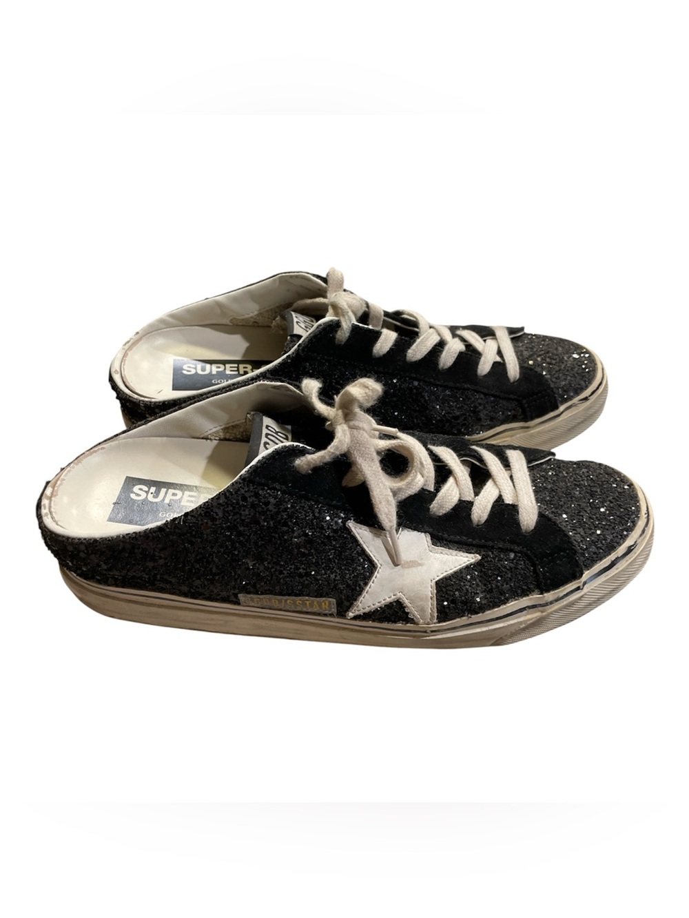 Golden Goose Womens Black Glitter Superstar Sabot Sneakers with White Star